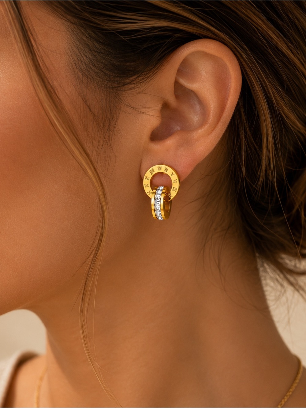 18K Gold Plated Roman Numeral CZ Hoop Drop Earrings Stainless Steel